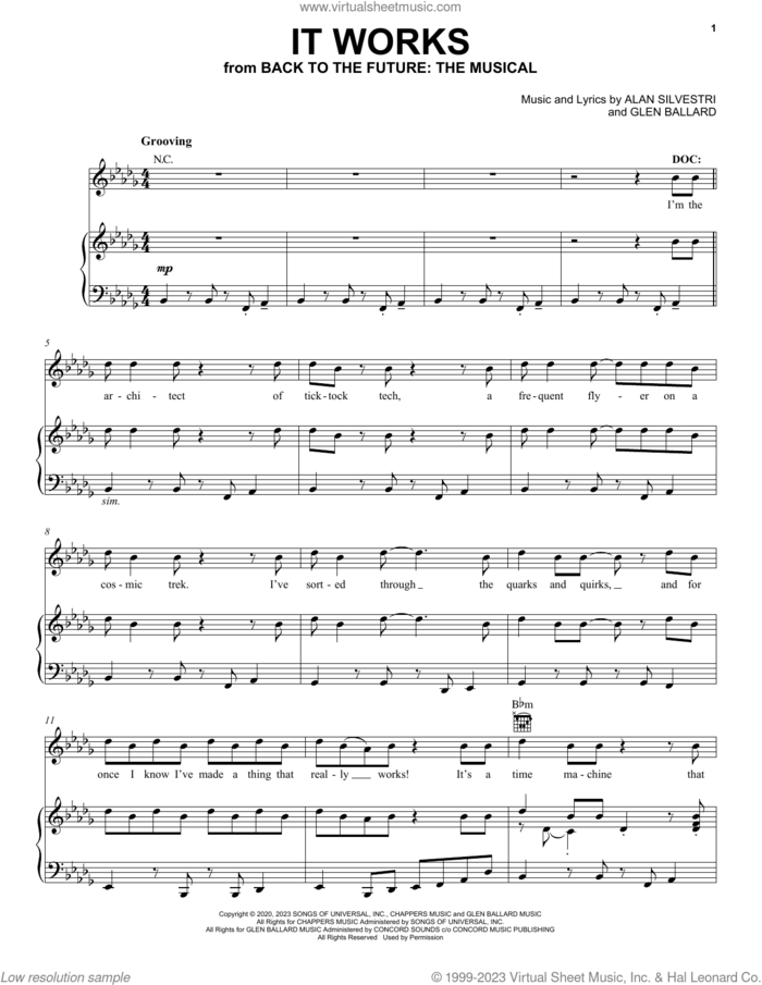 It Works (from Back To The Future: The Musical) sheet music for voice, piano or guitar by Glen Ballard and Alan Silvestri, Alessia McDermot, Amy Barker, Courtney-Mae Briggs, Emma Lloyd, Katharine Pearson, Laura Mullowney, Melissa Rose, Nic Myers, Rhianne Alleyne, Roger Bart, Alan Silvestri and Glen Ballard, intermediate skill level