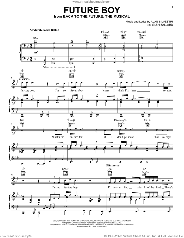 Future Boy (from Back To The Future: The Musical) sheet music for voice, piano or guitar by Glen Ballard and Alan Silvestri, Olly Dobson, Roger Bart, Alan Silvestri and Glen Ballard, intermediate skill level