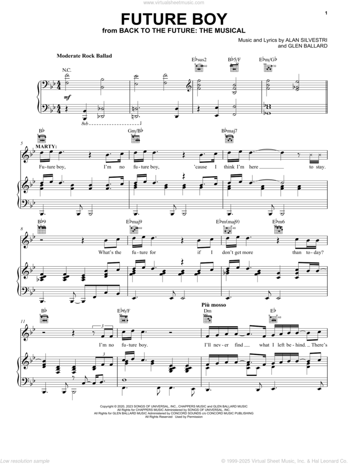 Future Boy (from Back To The Future: The Musical) sheet music for voice, piano or guitar by Glen Ballard and Alan Silvestri, Olly Dobson, Roger Bart, Alan Silvestri and Glen Ballard, intermediate skill level