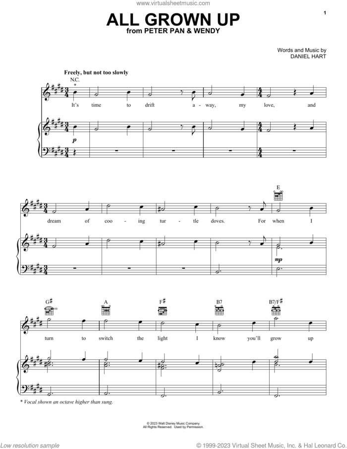 All Grown Up (from Peter Pan and Wendy) sheet music for voice, piano or guitar by Molly Parker and Daniel Hart, intermediate skill level