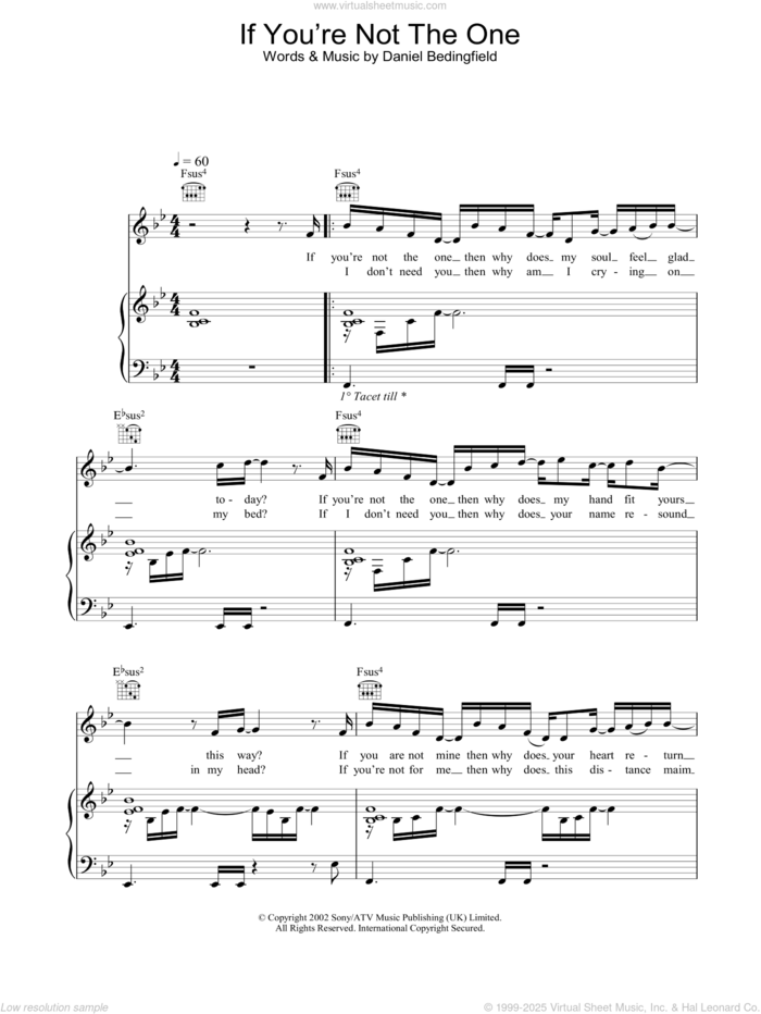 If You're Not The One sheet music for voice, piano or guitar by Daniel Bedingfield, intermediate skill level