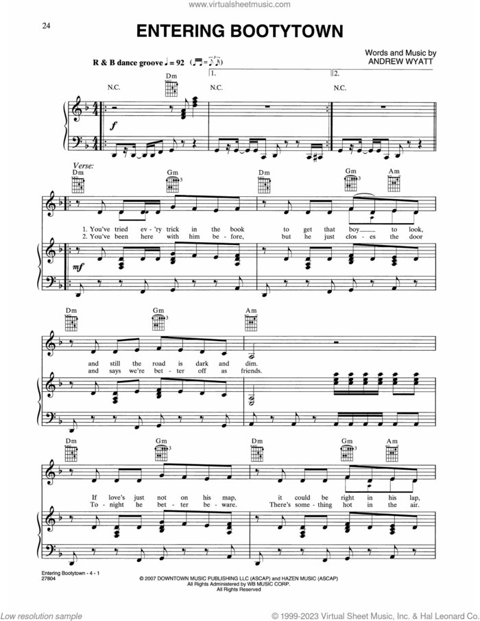Entering Bootytown (from Music And Lyrics) sheet music for voice, piano or guitar by Haley Bennett, Andrew Wyatt and Marc Lawrence, intermediate skill level