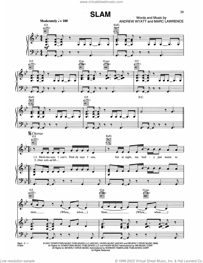 Slam (from Music And Lyrics) sheet music for voice, piano or guitar by Haley Bennett, Andrew Wyatt and Marc Lawrence, intermediate skill level