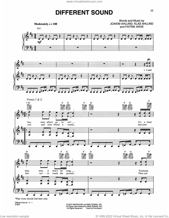Different Sound (feat. Malte) (from Music And Lyrics) sheet music for voice, piano or guitar by Teddybears, Joakim Frans Ahlund, Klas Frans Ahlund and Patrik Knut Arve, intermediate skill level