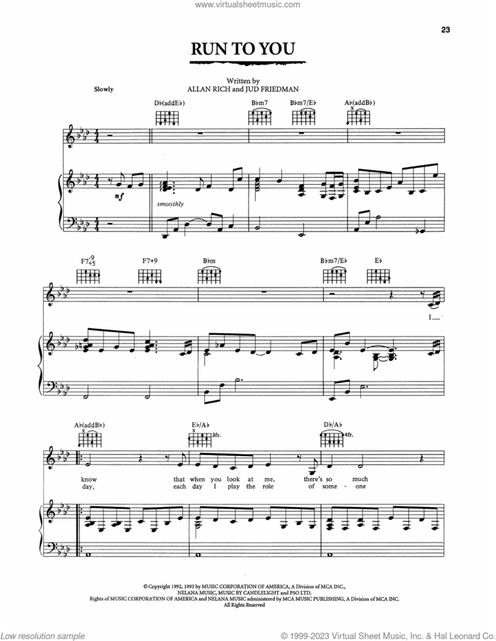 Run To You (from The Bodyguard) sheet music for voice, piano or guitar by Whitney Houston, Allan Rich and Jud Friedman, intermediate skill level