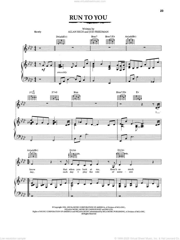 Run To You (from The Bodyguard) sheet music for voice, piano or guitar by Whitney Houston, Allan Rich and Jud Friedman, intermediate skill level