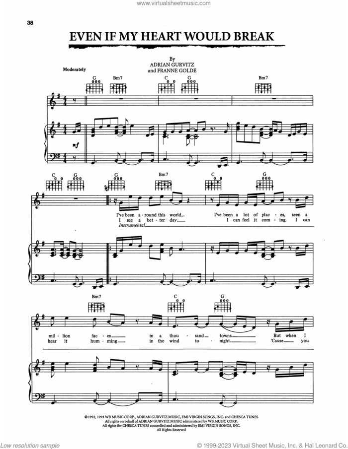 Even If My Heart Would Break (from The Bodyguard) sheet music for voice, piano or guitar by Kenny G and Aaron Neville, Adrian Gurvitz and Franne Golde, intermediate skill level