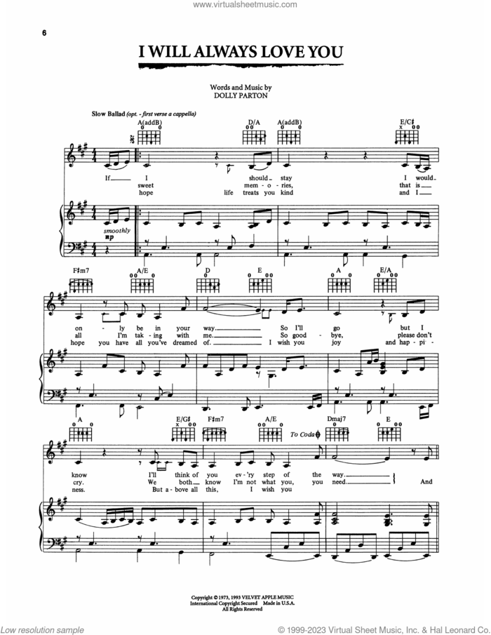 I Will Always Love You (from The Bodyguard) sheet music for voice, piano or guitar by Whitney Houston and Dolly Parton, intermediate skill level