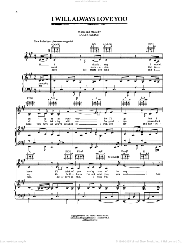 I Will Always Love You (from The Bodyguard) sheet music for voice, piano or guitar by Whitney Houston and Dolly Parton, intermediate skill level