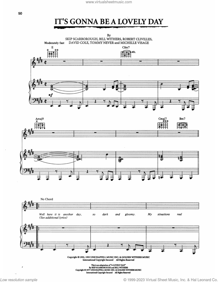 It's Gonna Be A Lovely Day (from The Bodyguard) sheet music for voice, piano or guitar by S.O.U.L. S.Y.S.T.E.M., Bill Withers, David Cole, Michelle Visage, Robert Clivilles, Skip Scarborough and Tommy Never, intermediate skill level