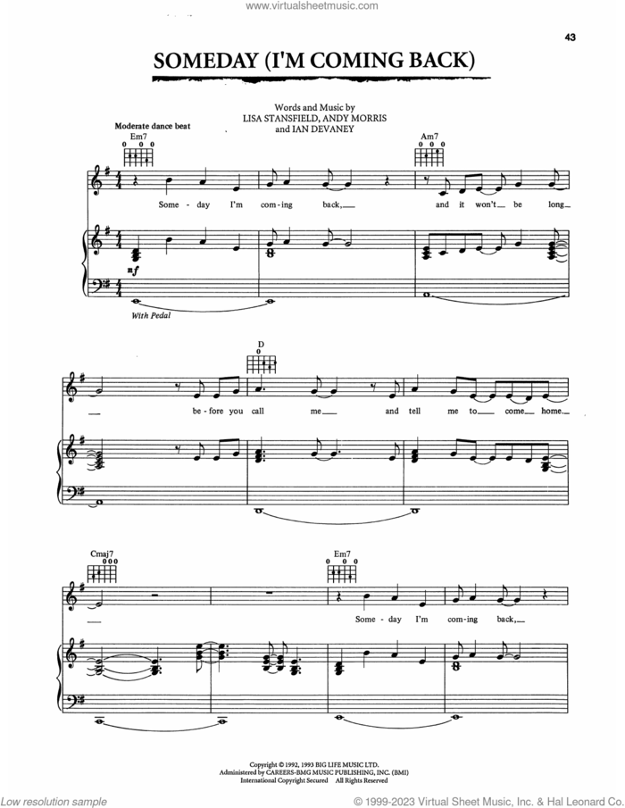 Someday (I'm Coming Back) (from The Bodyguard) sheet music for voice, piano or guitar by Lisa Stansfield, Andy Morris and Ian Devaney, intermediate skill level