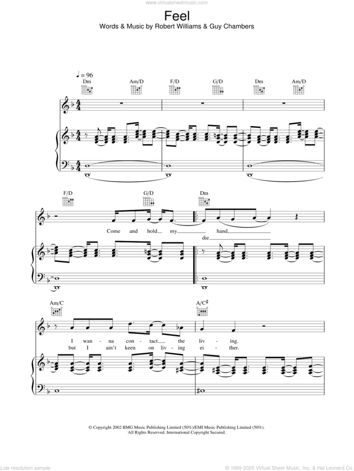 Feel sheet music for voice, piano or guitar by Robbie Williams, intermediate skill level