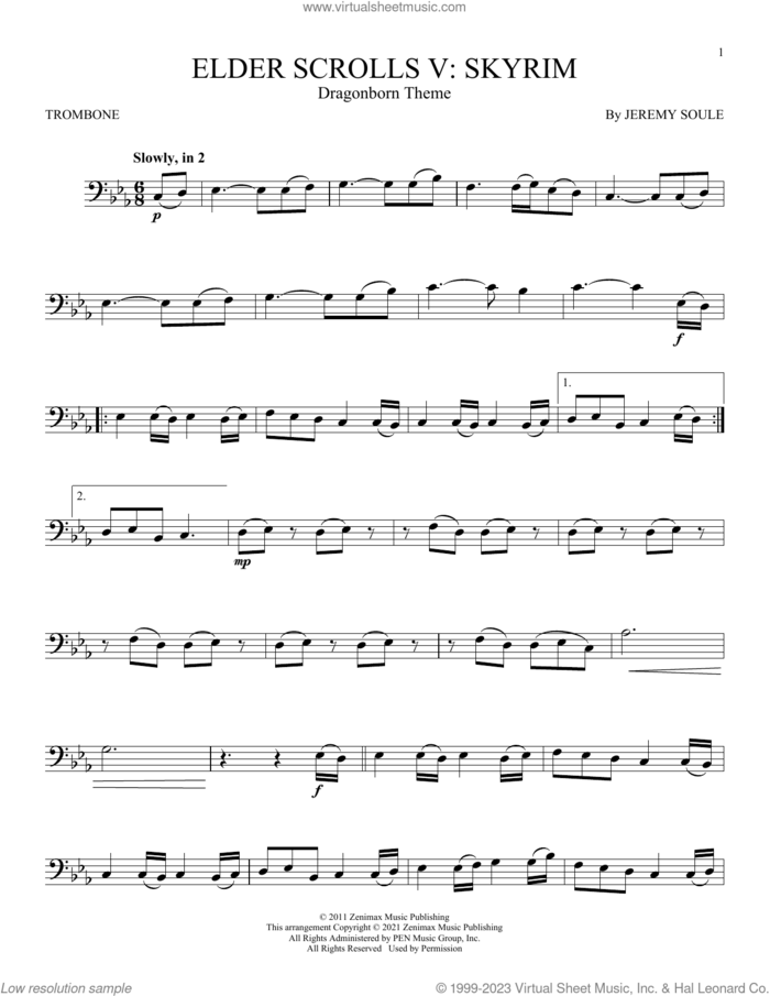 Dragonborn (Skyrim Theme) sheet music for trombone solo by Jeremy Soule, intermediate skill level