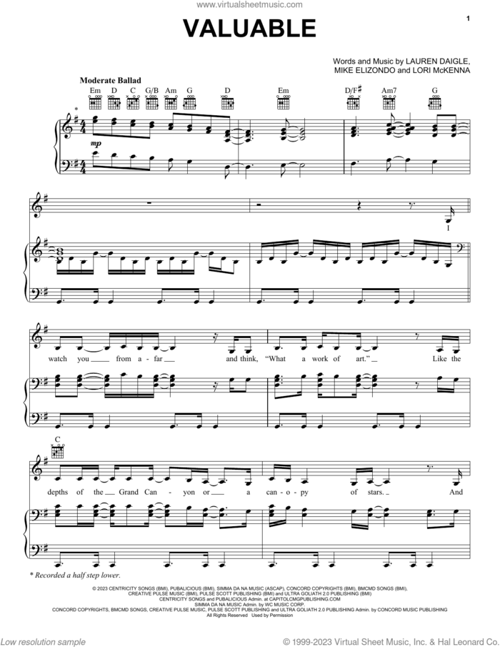 Valuable sheet music for voice, piano or guitar by Lauren Daigle, Lori McKenna and Mike Elizondo, intermediate skill level
