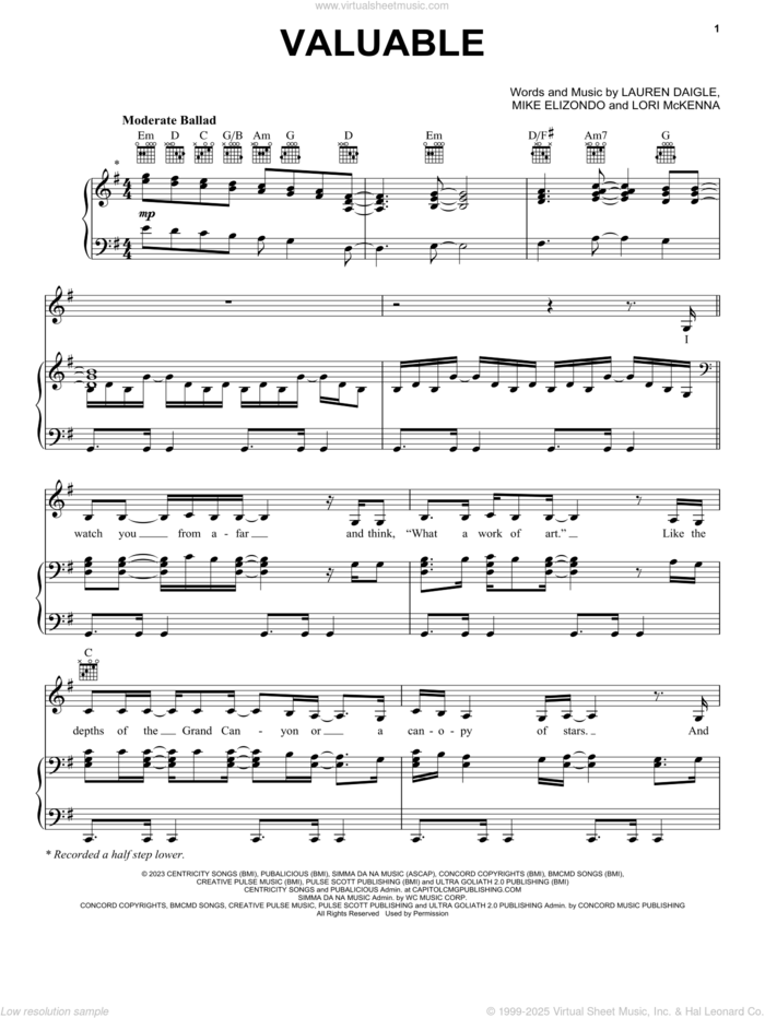 Valuable sheet music for voice, piano or guitar by Lauren Daigle, Lori McKenna and Mike Elizondo, intermediate skill level