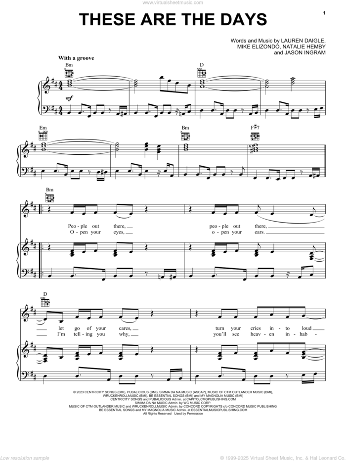 These Are The Days sheet music for voice, piano or guitar by Lauren Daigle, Jason Ingram, Mike Elizondo and Natalie Hemby, intermediate skill level