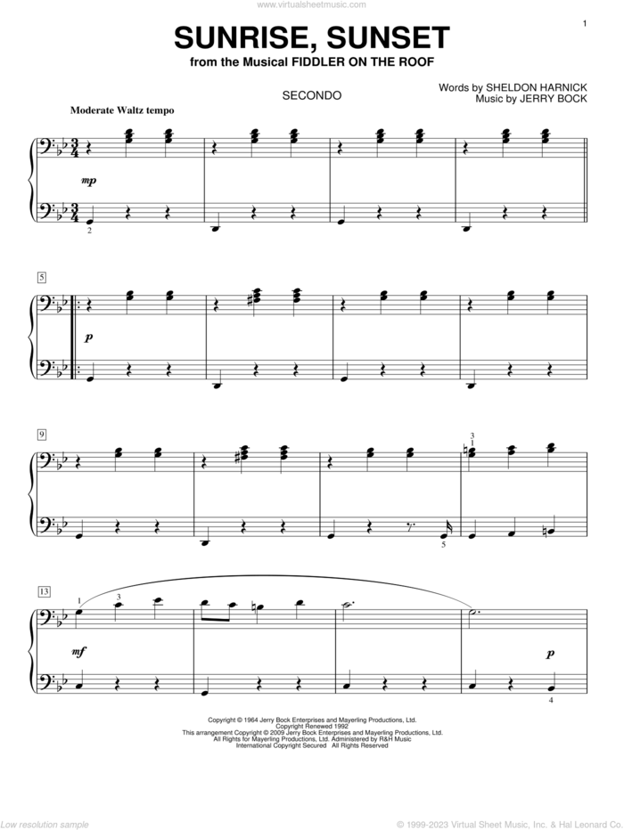 Sunrise, Sunset (from Fiddler On The Roof) sheet music for piano four hands by Bock & Harnick, Fiddler On The Roof (Musical), Jerry Bock and Sheldon Harnick, wedding score, intermediate skill level