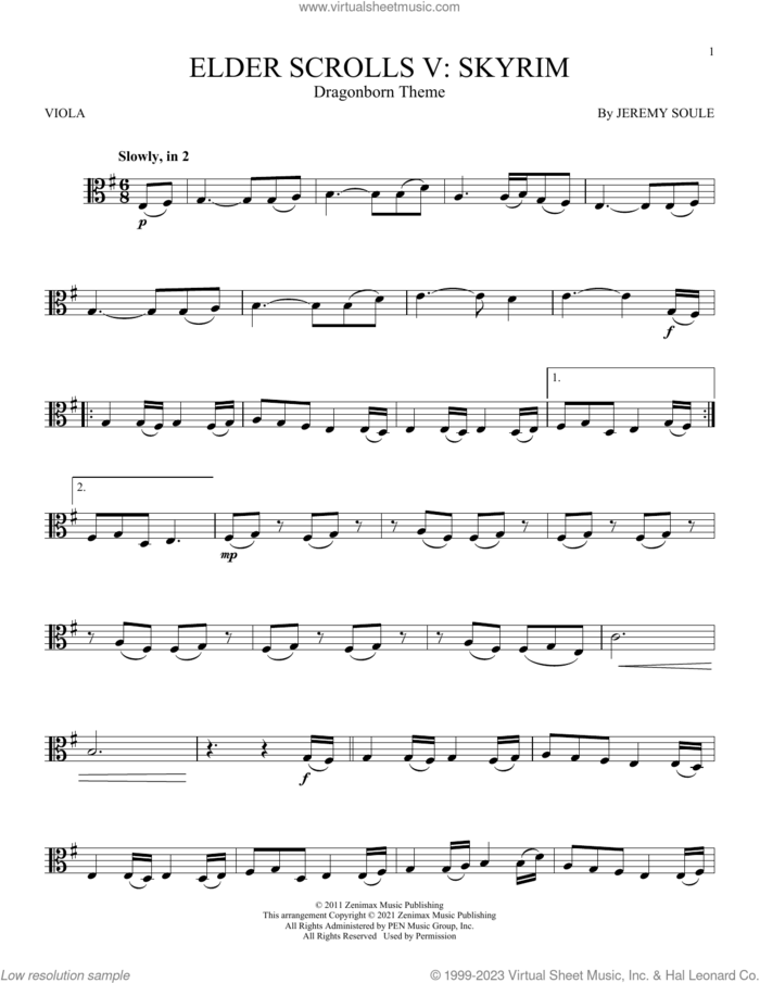 Dragonborn (Skyrim Theme) sheet music for viola solo by Jeremy Soule, intermediate skill level