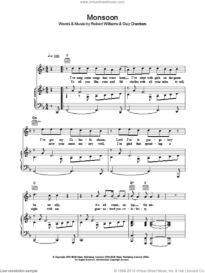 Monsoon sheet music for voice, piano or guitar by Robbie Williams, intermediate skill level