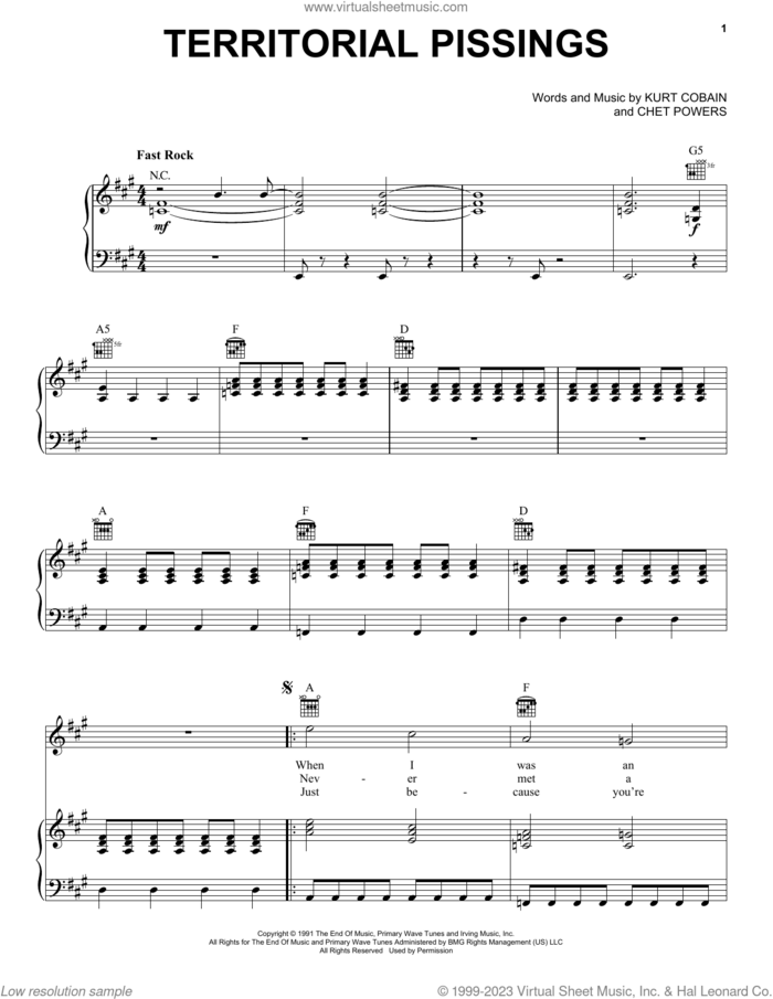 Territorial Pissings sheet music for voice, piano or guitar by Nirvana, Chet Powers and Kurt Cobain, intermediate skill level