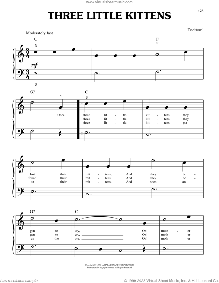 Three Little Kittens sheet music for piano solo (big note book), easy piano (big note book)