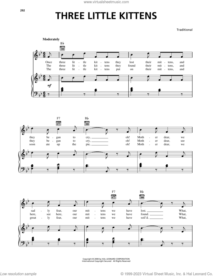 Three Little Kittens sheet music for voice, piano or guitar, intermediate skill level