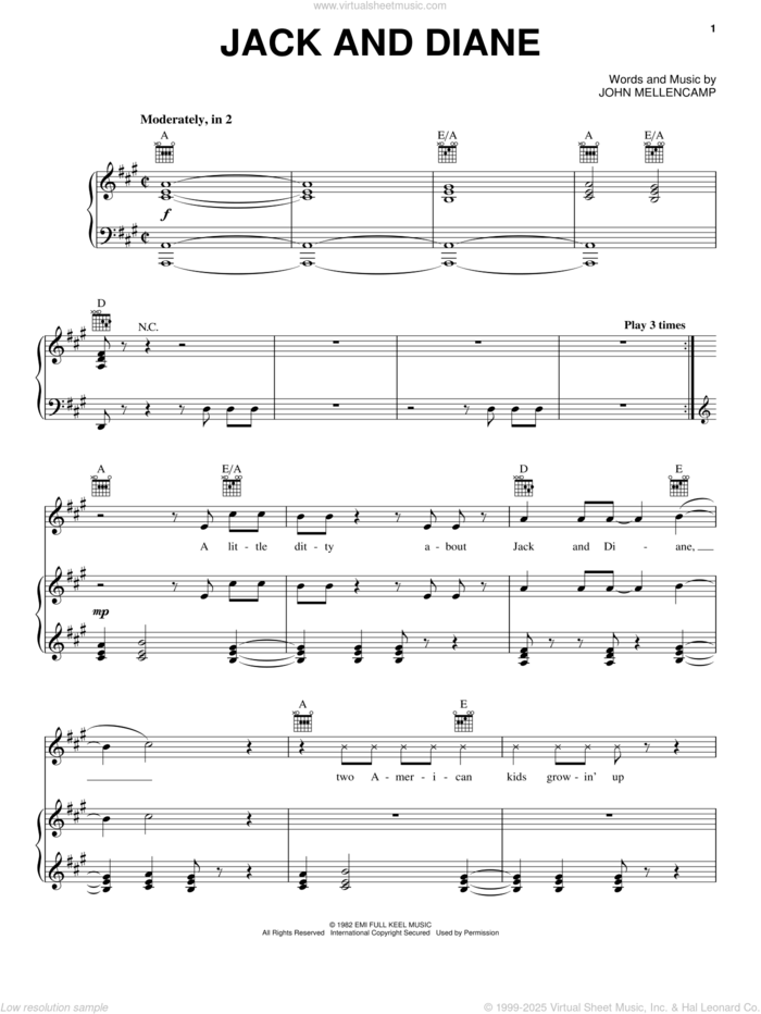 Jack And Diane sheet music for voice, piano or guitar by John Mellencamp, intermediate skill level