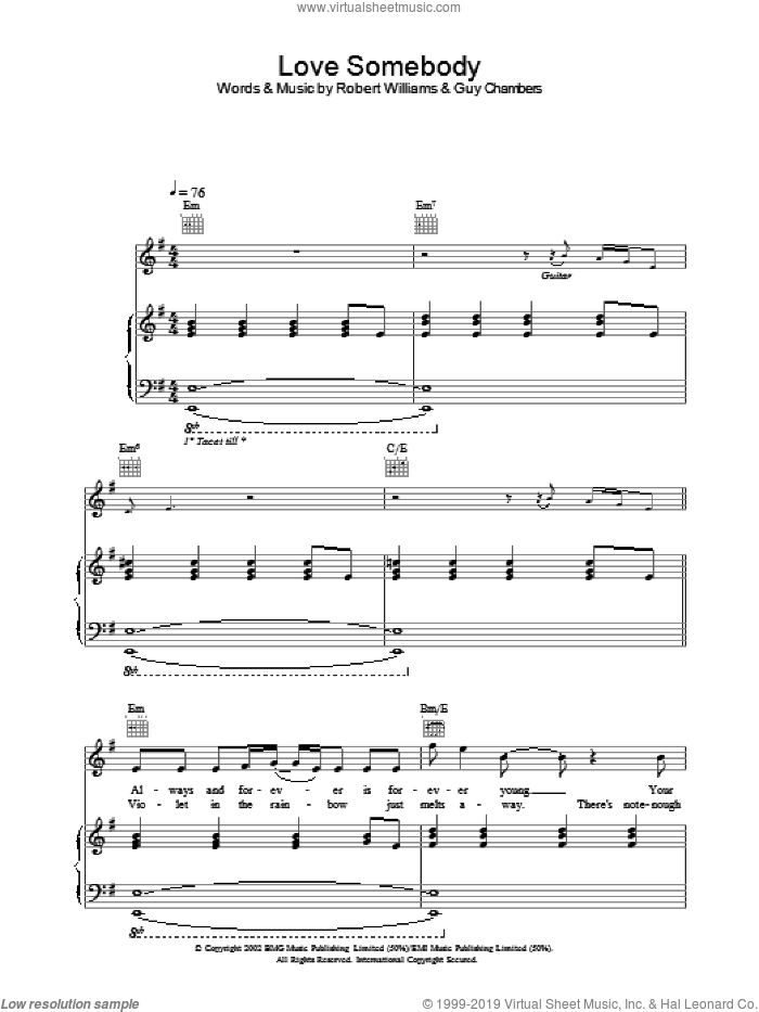 Love Somebody sheet music for voice, piano or guitar by Robbie Williams, intermediate skill level