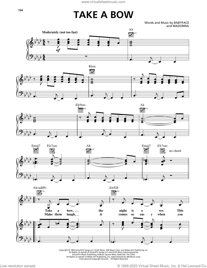Take A Bow sheet music for voice, piano or guitar by Madonna and Babyface, intermediate skill level