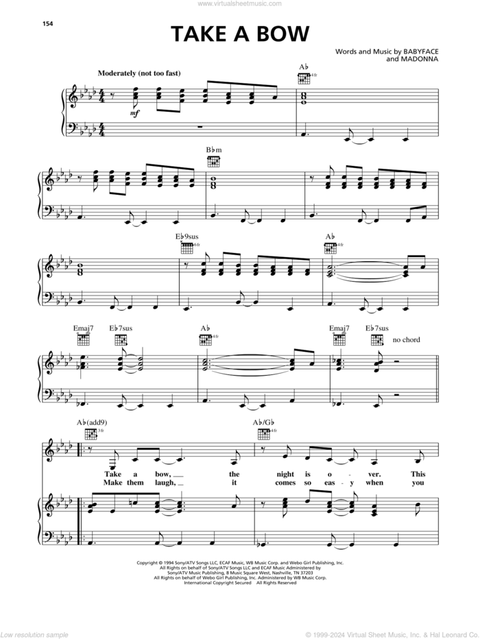 Take A Bow sheet music for voice, piano or guitar by Madonna and Babyface, intermediate skill level