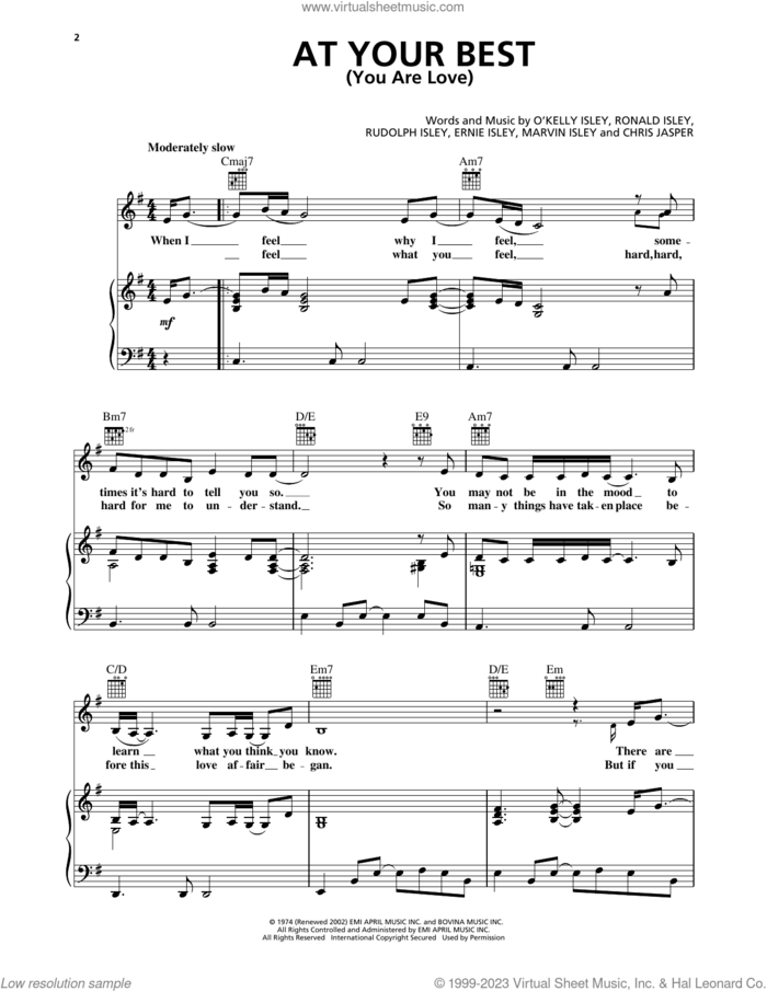 At Your Best (You Are Love) sheet music for voice, piano or guitar by Isley Brothers, Aaliyah, Chris Jasper, Ernie Isley, Marvin Isley, O Kelly Isley, Ronald Isley and Rudolph Isley, intermediate skill level