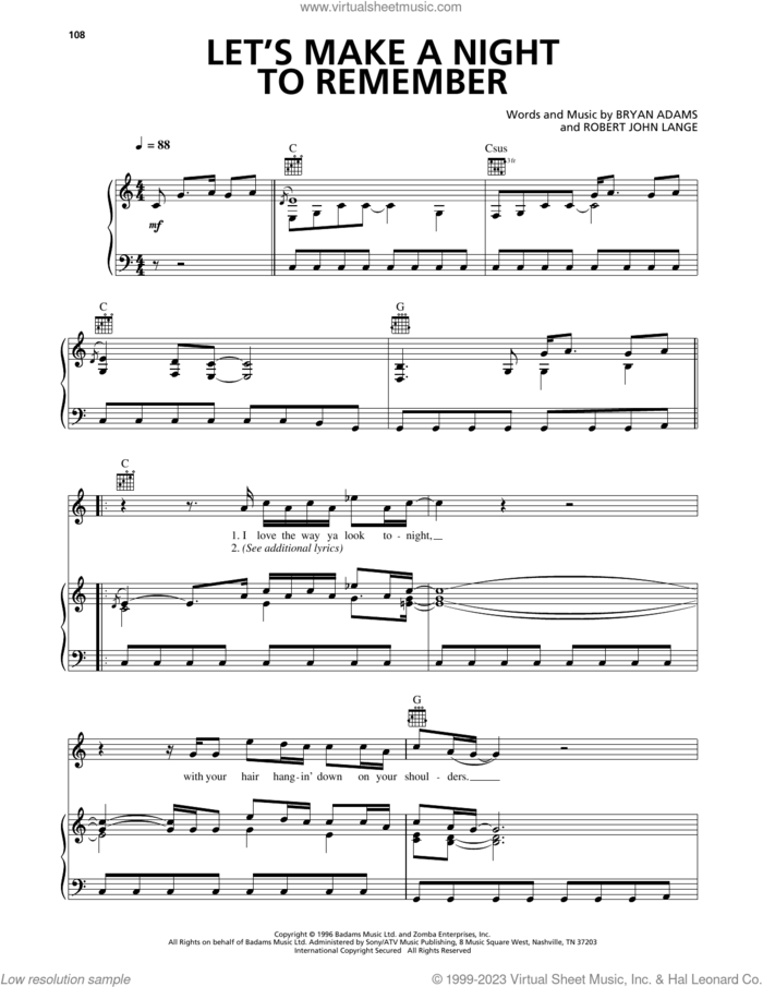 Let's Make A Night To Remember sheet music for voice, piano or guitar by Bryan Adams and Robert John Lange, intermediate skill level