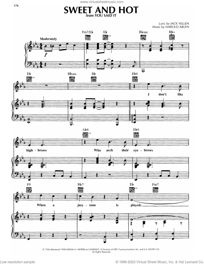 Sweet And Hot sheet music for voice, piano or guitar by Harold Arlen and Jack Yellen, intermediate skill level