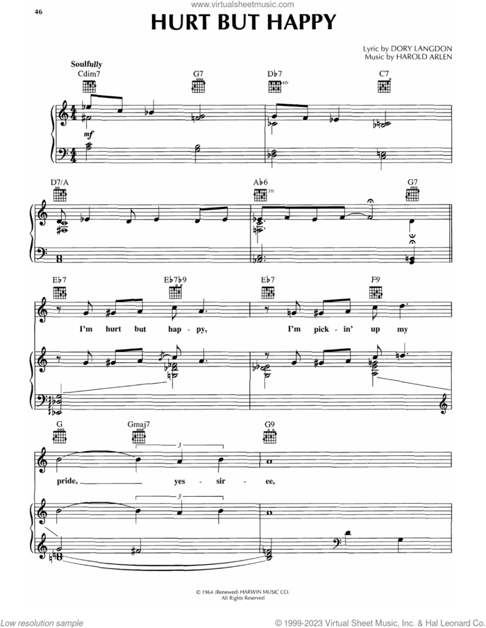 Hurt But Happy sheet music for voice, piano or guitar by Harold Arlen and Dory Langdon, intermediate skill level