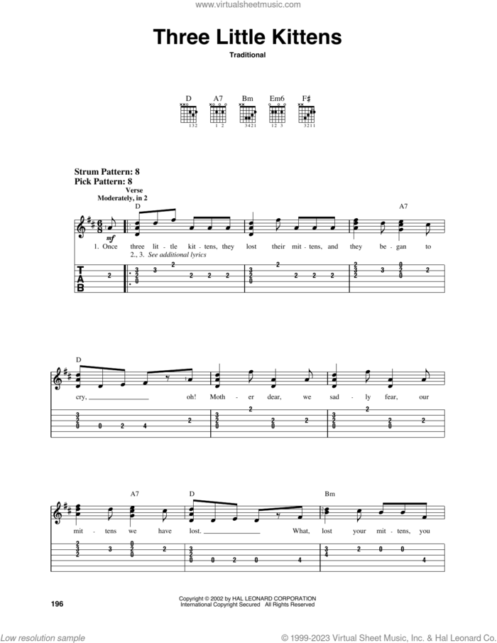 Three Little Kittens sheet music for guitar solo (easy tablature), easy guitar (easy tablature)