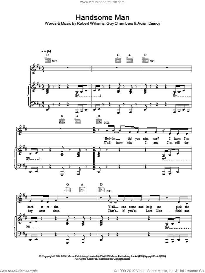 Handsome Man sheet music for voice, piano or guitar by Robbie Williams, intermediate skill level