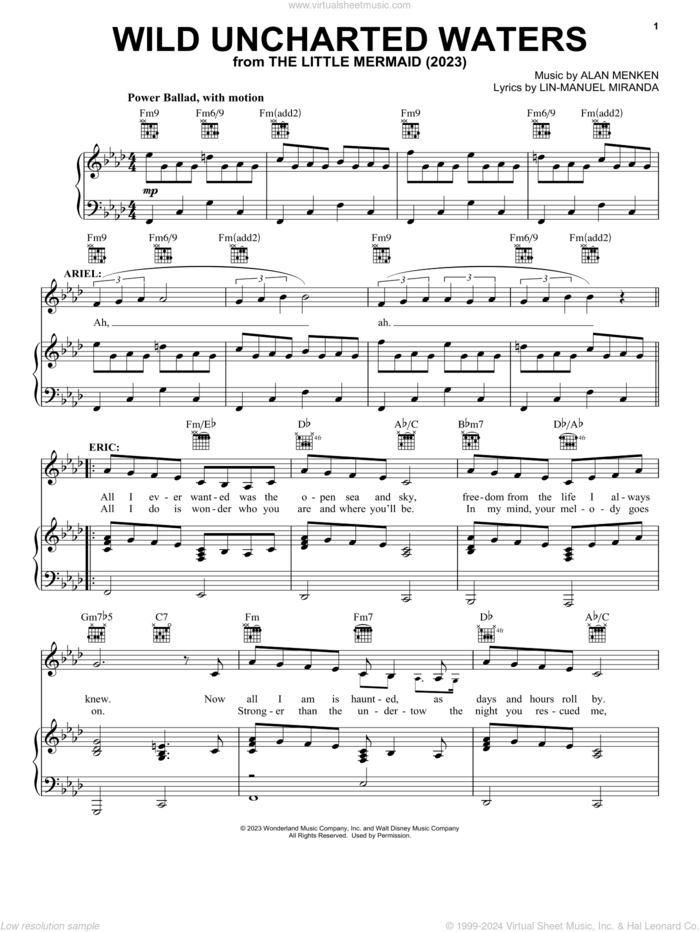 Wild Uncharted Waters (from The Little Mermaid) (2023) sheet music for voice, piano or guitar by Jonah Hauer-King, Alan Menken and Lin-Manuel Miranda, intermediate skill level