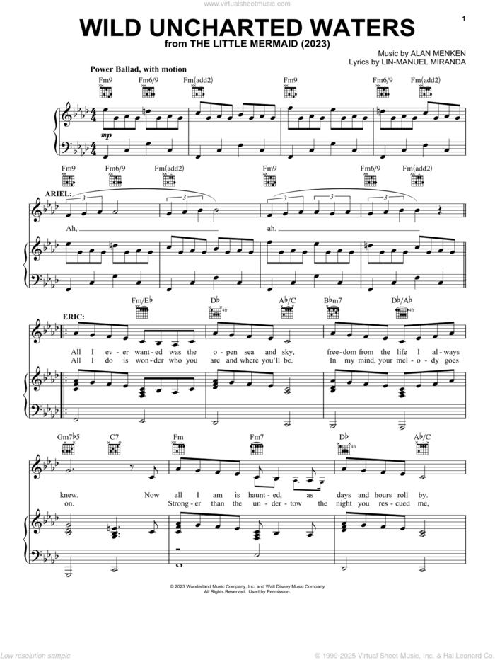 Wild Uncharted Waters (from The Little Mermaid) (2023) sheet music for voice, piano or guitar by Jonah Hauer-King, Alan Menken and Lin-Manuel Miranda, intermediate skill level