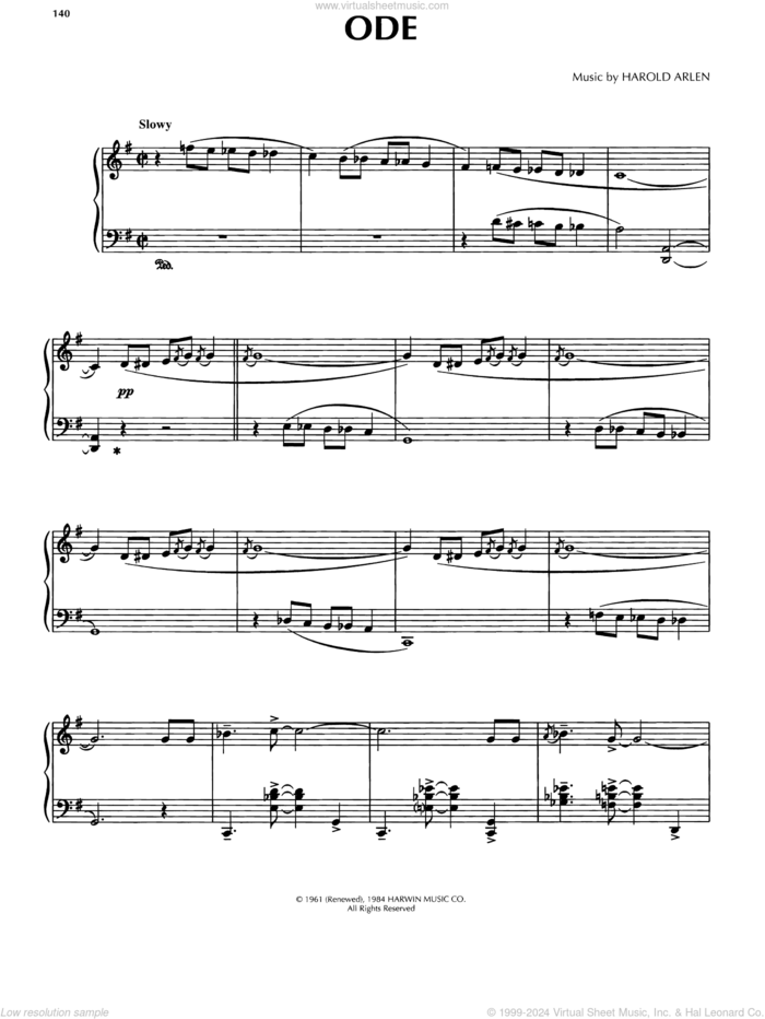 Ode sheet music for piano solo by Harold Arlen, intermediate skill level