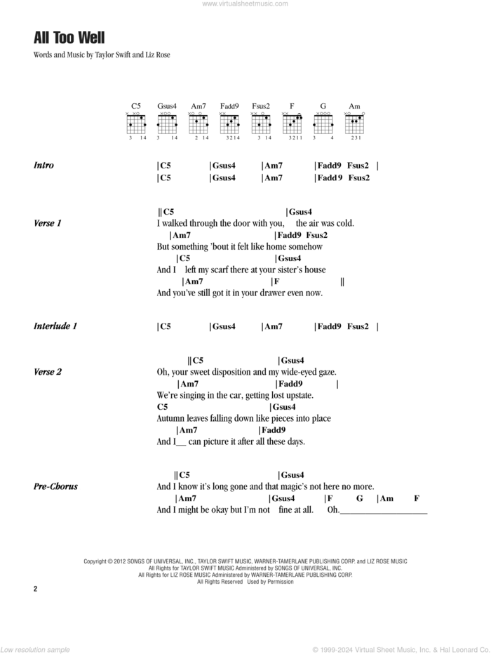 All Too Well sheet music for guitar (chords) by Taylor Swift and Liz Rose, intermediate skill level