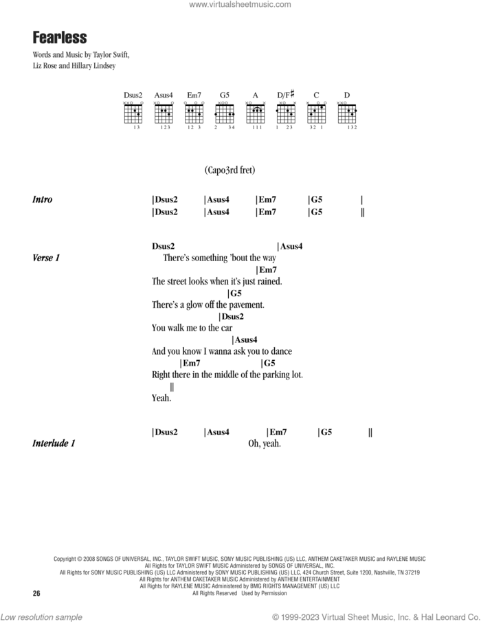 Fearless sheet music for guitar (chords) by Taylor Swift, Hillary Lindsey and Liz Rose, intermediate skill level