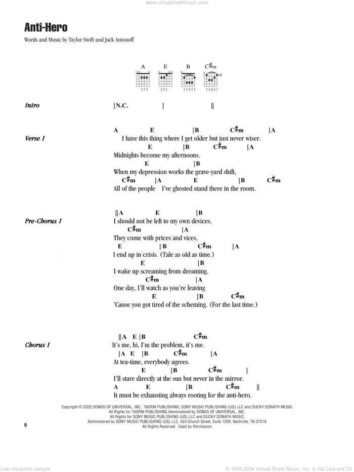 Anti-Hero sheet music for guitar (chords) by Taylor Swift and Jack Antonoff, intermediate skill level