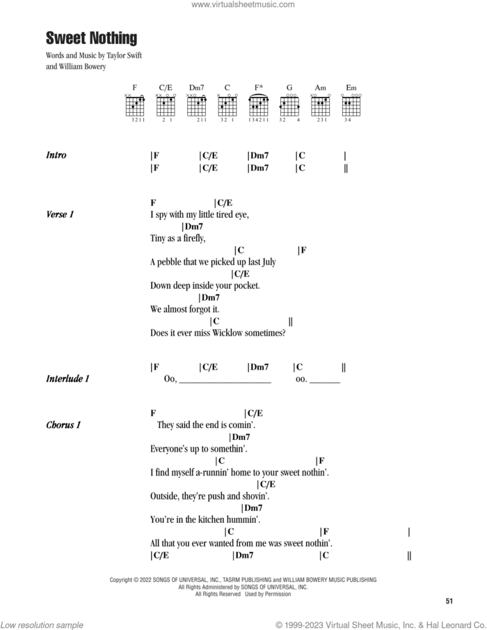 Sweet Nothing sheet music for guitar (chords) by Taylor Swift and William Bowery, intermediate skill level