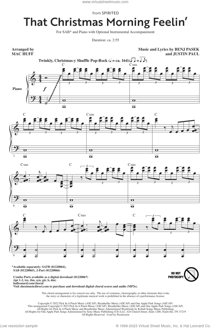 That Christmas Morning Feelin' (from Spirited) (arr. Mac Huff) sheet music for choir (SAB: soprano, alto, bass) by Pasek & Paul, Mac Huff, Benj Pasek and Justin Paul, intermediate skill level