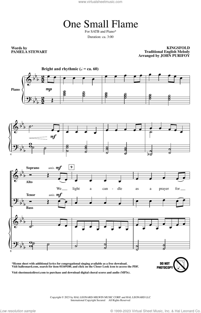 One Small Flame sheet music for choir (SATB: soprano, alto, tenor, bass) by Pamela Stewart and John Purifoy, intermediate skill level