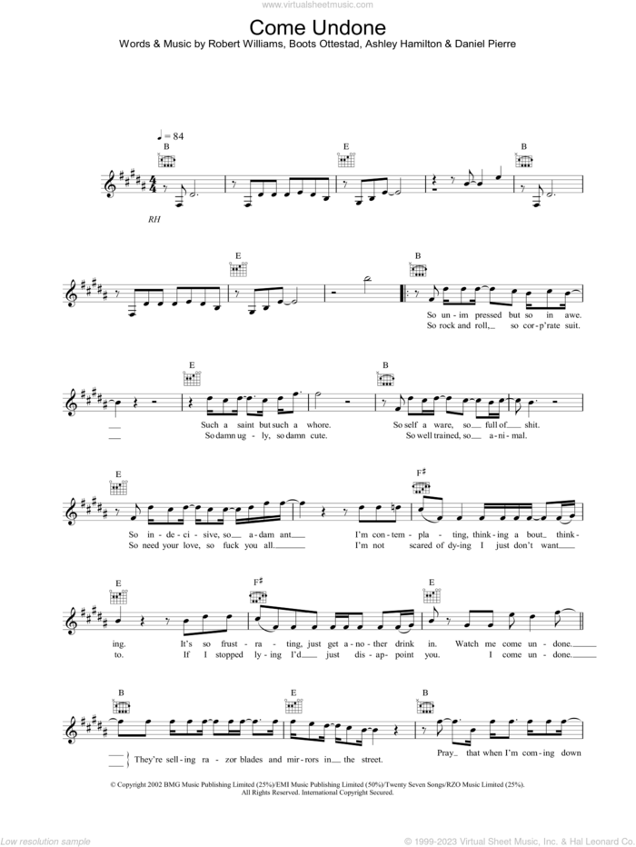 Come Undone sheet music for voice and other instruments (fake book) by Robbie Williams, intermediate skill level