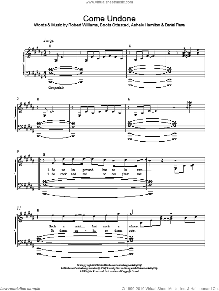 Come Undone sheet music for piano solo by Robbie Williams, intermediate skill level