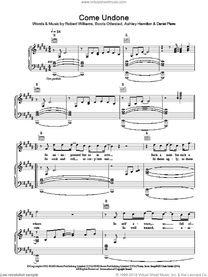 Come Undone sheet music for voice, piano or guitar by Robbie Williams, intermediate skill level