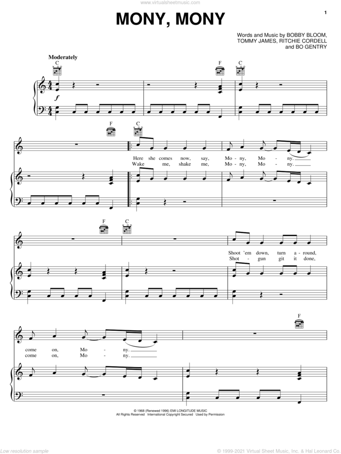 Mony, Mony sheet music for voice, piano or guitar by Tommy James & The Shondells, Billy Idol, Bo Gentry, Bobby Bloom and Ritchie Cordell, intermediate skill level