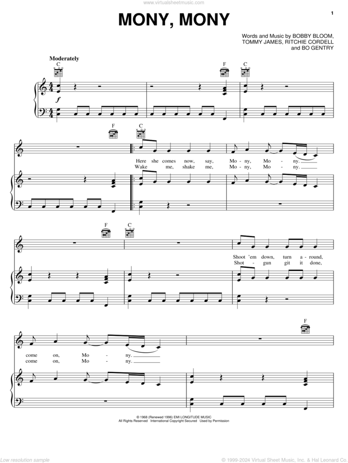 Mony, Mony sheet music for voice, piano or guitar by Tommy James & The Shondells, Billy Idol, Bo Gentry, Bobby Bloom and Ritchie Cordell, intermediate skill level